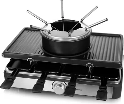Produktbild von Emerio Partyspaß für bis zu 8 Personen mit dieser 3-in-1-Kombination aus Raclette Grill und Käse-Fondue für ein vielfältiges Grillvergnügen inkl. 8 Pfännchen 8 Spachtel 6 Fondue-Gabeln -> BPA frei