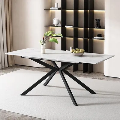 Productafbeelding van Uitschuifbare eettafel, 150/180 cm, rechthoekige keukentafel voor 4-6 personen, met marmerlook en een kruisvoetdesign, wit/zwart