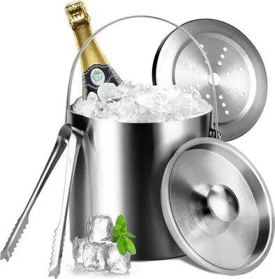 Produktbild von Doppelwandiger Eisbehälter 3L mit luftdichtem Deckel, Sieb und Eistang, Eiswürfelbehälter, isolierter Eisbehälter für Bier, Champagner, Wein, ideal für Picknicks und Feiern