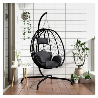Produktbild von Hängesessel Garten Rattan Schwarz Anthrazit 106x103x195cm - Entspannungszeit
