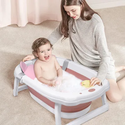 Immagine prodotto di Vaschetta da bagno pieghevole per bambini QEENTOE, con piedini antiscivolo, inclusa cuscino di supporto, salvaspazio (rosa + cuscino per vaschetta)