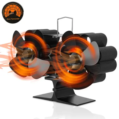 Immagine prodotto di Ventilatore per camino Doppelkopf con 8 pale e 2 motori, ventilatore per stufa a legna, alimentato a energia termica, silenzioso, con termometro per stufa a legna