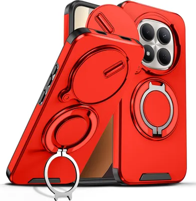 Immagine prodotto di Custodia a doppio strato per Xiaomi Redmi Note 15 Pro 5G, con copertura scorrevole per la fotocamera e supporto magnetico ad anello Rosso