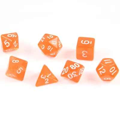 Produktbild von 7 polyedrische Würfel für Rollen- und Tabletopspiele in transparent / orange mit Beutel