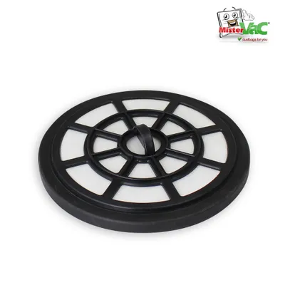 A round black vacuum cleaner filter with a white filter material inside, set against a white background. A logo is visible in the top right corner.