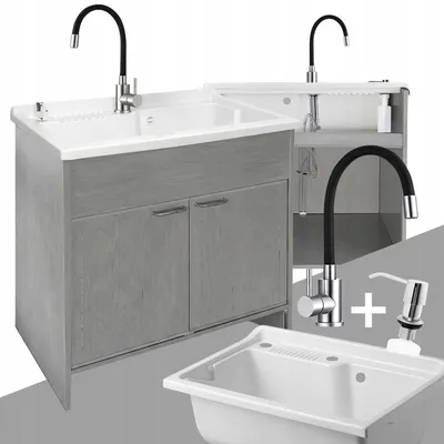 Produktbild von Spülbeckenunterschrank 80x50 mit flexiblem Wasserhahn und grauem Waschbecken