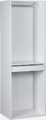 An empty white wardrobe module with a hanging rail and a shelf with a drawer.