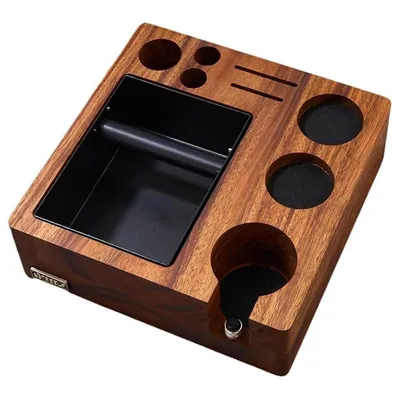 Produktbild von Kaffee Tamperhalter aus Natur Walnussholz, 3-in-1 Espresso Station mit verstellbarer Höhe, Anti-Rutsch Design, 27×27cm
