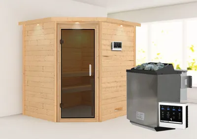 Produktbild von Karibu Sauna Innensauna Mia Eckeinstieg  Ofen 9 kW  externe Strg easy 224x184x202 cm mit Dachkranz  mit Graphittür