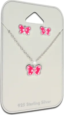Produktbild von Teenie-Weenie Schmuck-Set Ohrstecker Kette 925 Silber Schmetterling pink SDS807