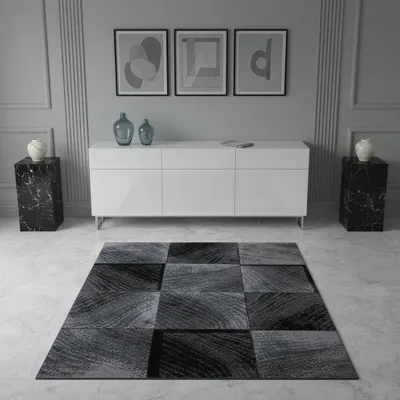 Produktbild von Wohnzimmerteppich Kariert Modern Waschbar Strapazierfähig | Schwarz 280x370 cm Schlafzimmer Fußbodenheizung geeignet | INN – Kadima Design