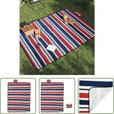Immagine prodotto di The Living Store Coperta da picnic pieghevole a righe rosse e blu 200x150 cm in velluto