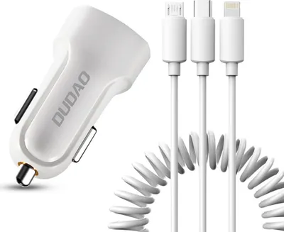 Produktbild von Dudao R7 KFZ Ladegeraet mit 3in1 Spiralkabel USB C Micro USB Lightning Auto Adapter Zigarettenanzuender Weiss