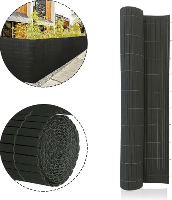A collage of images showing a black PVC privacy screen fence in a garden setting and rolled up.
