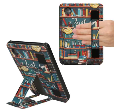 Produktbild von kwmobile Schutzhülle kompatibel mit Kobo Clara 2E / Tolino Shine 4 Hülle - Kunstlederhülle mit Ständer und Handgurt - Bibliothek Motto - Mehrfarbig