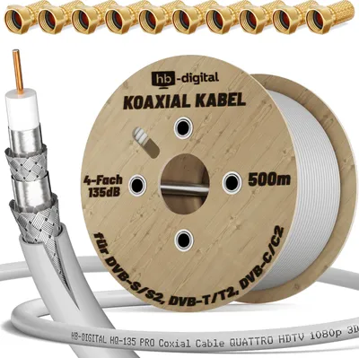 Produktbild von hb-digital 500m Koaxialkabel HQ 135dB 4-Fach geschirmt Stahl Kupfer weiß + 100 F-Stecker