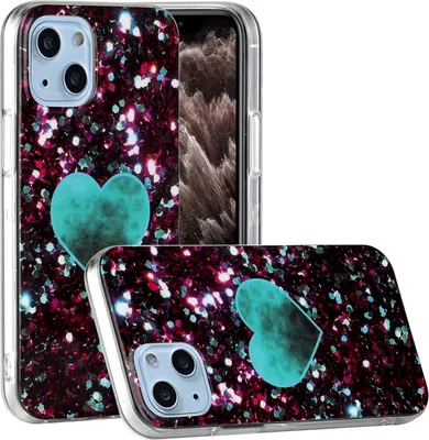 Produktbild von CLM-Tech Hülle kompatibel mit Apple iPhone 13 - TPU Silikon-Hülle Case Schutzhülle Handyhülle - Glitzer Herz türkis, schwarz mehrfarbig