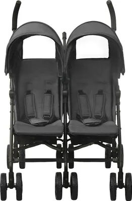A front view of a twin stroller.