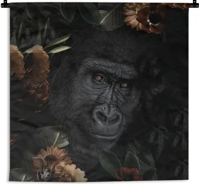 Produktbild von MuchoWow® Wandteppich Wandbehang Affe - Tiere - Blumen - Schwarz 150x150 cm Tapisserie Dekoration Wandtuch - Wohnaccessoires - Modernes