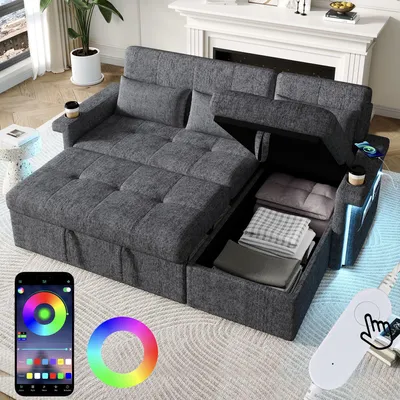 A gray L-shaped sectional sofa with storage compartments and LED lighting, shown in a living room setting with a smartphone app controlling the lights.