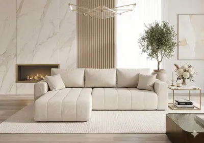 Image de Canapé d’angle LARA gauche beige velours Monolith 2 - fonction couchage, coffre de rangement pour la literie