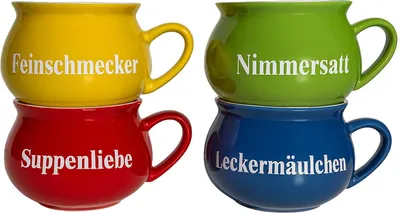 BURI Suppentassen 4er-Set aus Keramik Bunte Henkel-Schüsseln mit Sprüchen 400 ml Spülmaschinenfest & mikrowellengeeignet Mediterraner Stil