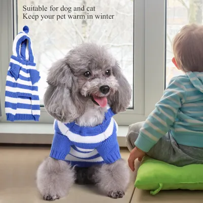 Zdjęcie produktu dla Ciepły oddychający sweter z golfem w paski dla psa i kota na zimę (niebieski, XXL)