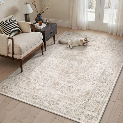 Image de Tapis vintage beige, lavable, de 80x150 cm - Antidérapant et doux, idéal pour le salon et la cuisine