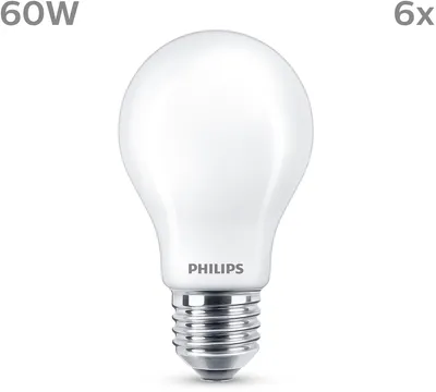 Produktbild von Philips Filament-Lampe Milchglas 60W A60 E27 x6, 7 W, 60 W, E27, 806 lm, 15000 h, Warmweiß