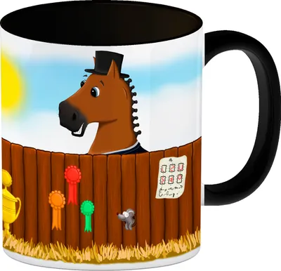 Produktbild von Kaffeebecher Henkel und Innenseite Schwarz mit Dressurpferd Motiv