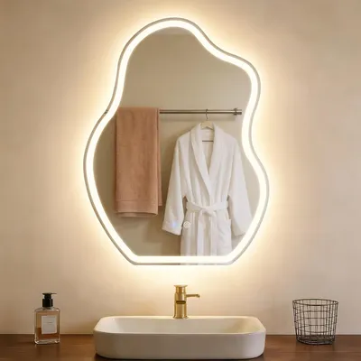 Zdjęcie produktu dla Lustro łazienkowe ZMH z oświetleniem, asymetryczne, LED, 60 x 80 cm, lustro ścienne, przełącznik dotykowy, funkcja odmgławiania, światło 3000 K i 6500 K, z regulacją jasności