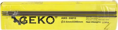 A yellow box containing welding rods, with text and a logo visible.