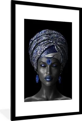 Produktbild von MuchoWow® MuchoWow® Gerahmtes Poster Frau - Kopftuch - Blau 60x90 cm - Poster mit zchwarzem Bilderrahmen - Dekoration - Wandposter Wohnzimmer - Hochwertig