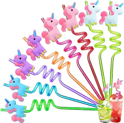 Produktbild von Wiederverwendbare Trinkhalme, 8 Stück, Einhorn, Spiralstrohhalme, bunt, für Kindergeburtstag