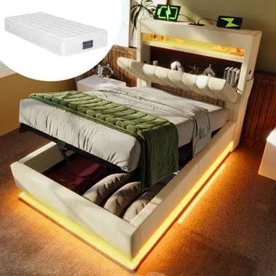 Immagine prodotto di Letto singolo da 90x200 cm, in pelle beige, con porta USB e Type-C, luce a LED e cassetto idraulico.