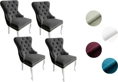Produktbild von Chesterfield Stuhl MADAME 2 (4 Stück) – eleganter Polsterstuhl im Glamour-Stil, Samt Dunkelgrau, Holzbeine in Weiß, Komfortsitz