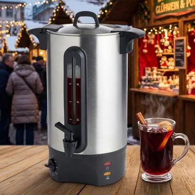 Produktbild von Glühweinkocher 5L mit Zapfhahn, Edelstahlgehäuse: 1300W – Ein Heissgetränkespender für Feste, Glühwein, Kaffee & Punsch – Perfekter Genuss