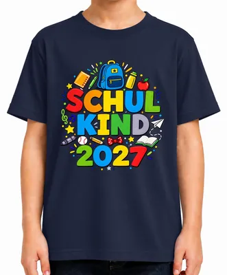 Productafbeelding van T-shirt voor basisschoolkinderen, marineblauw, maat 128, geschikt voor de start van de basisschool in 2027