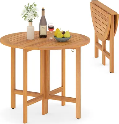 Produktbild von COSTWAY Gartentisch Wetterfest klappbar, Ø 90 x 75 cm Holztisch, Klapptisch aus Akazienholz, Balkontisch, runder Esstisch