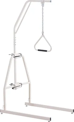 A white patient lift with a triangular handle suspended by a chain.