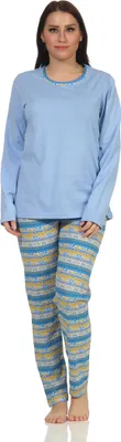 Produktbild von Damen Schlafanzug Pyjama langarm im Ethnolook - 66626 ; hellblau , 40