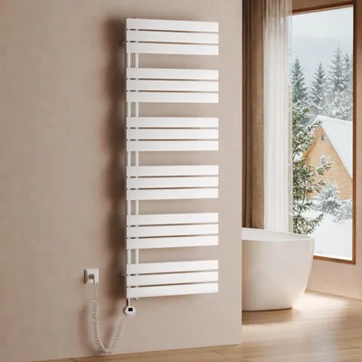 Imagen del producto de Toallero eléctrico de 1599 x 600 mm, 1000 W, blanco, con termostato, conexión Wi-Fi, temporizador programable y pantalla LCD – S'AFIELINA