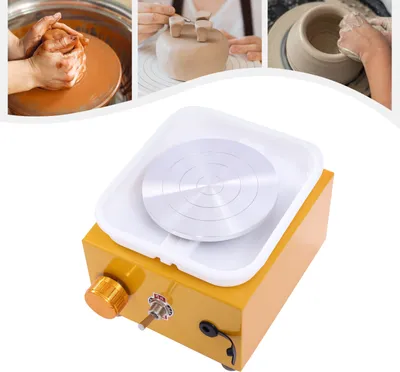 A collage showing a pottery wheel in use and a close-up of a mini pottery wheel machine.