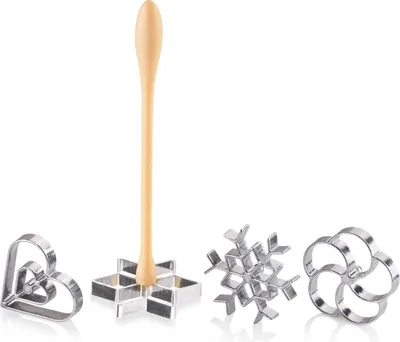 A set of cookie cutters and a handle for making rosetta waffles.