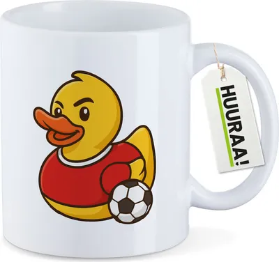 Produktbild von Huuraa Kaffeetasse Quietscheente Fußballer Gummiente Fussballspieler 330ml Weiß Keramik Kaffeebecher Geschenkidee