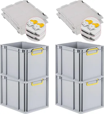 Produktbild von SuperSparSet 4x Eurobox NextGen Color mit Scharnierdeckel und Schiebeschnappverschlüssen | HxBxT 32x30x40cm | 30 Liter | Grau | Griffe gelb geschlossen | Glatter Boden | Eurobehälter, Transportbox, Transportbehälter, Stapelbehälter