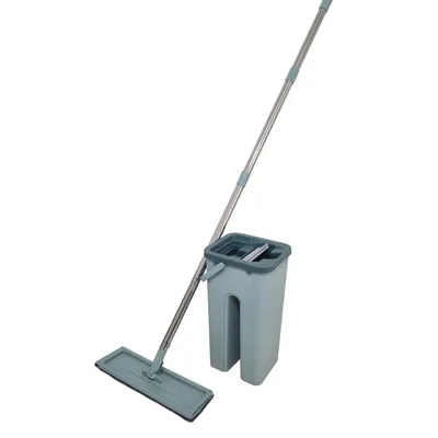 A flat mop and bucket set on a white background.