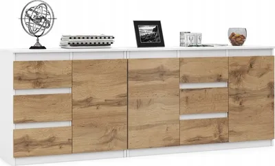 Obrázek produktu pro VBChome Dvě komody 80 x 35 x 75 cm a 120 x 35 x 75 cm se 6 zásuvkami a 3 dvířky Bílá - Dub Wotan Komoda bez úchytek Víceúčelová skříňka