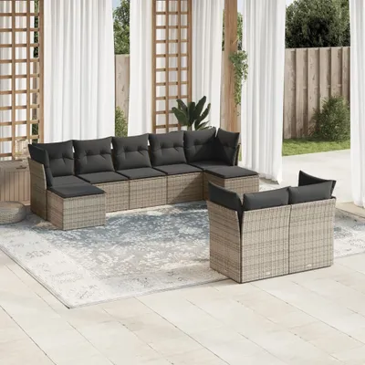 Produktbild von Design 9-tlg. Garten-Sofagarnitur mit Kissen Grau Poly Rattan, Gartenmöbel-Sets 2024 Neu