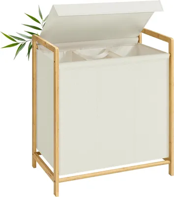 Image de Panier à linge avec 3 compartiments - Trieur de linge de 150 litres - Structure en bambou - Couvercle amovible - Tissu Oxford